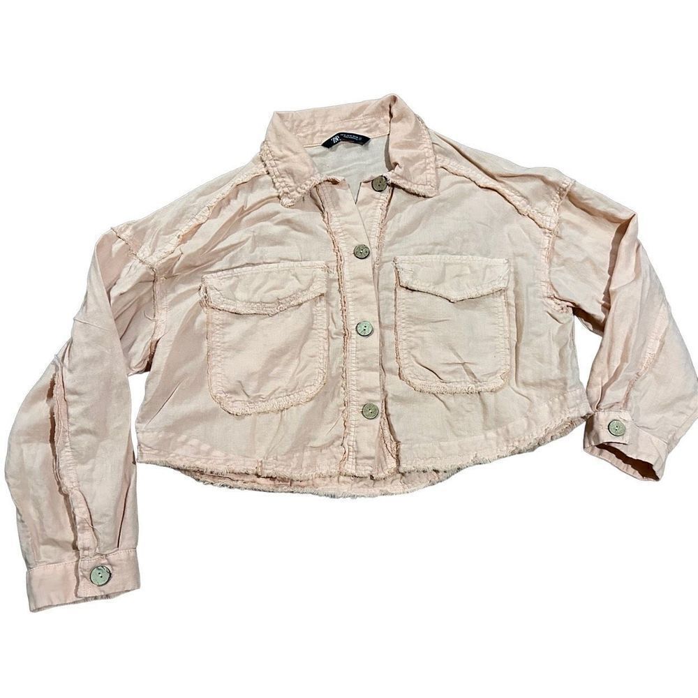 Zara Cropped Linen Blend Jacket Peach Pink Frayed Raw Hem Utility sz‎ M